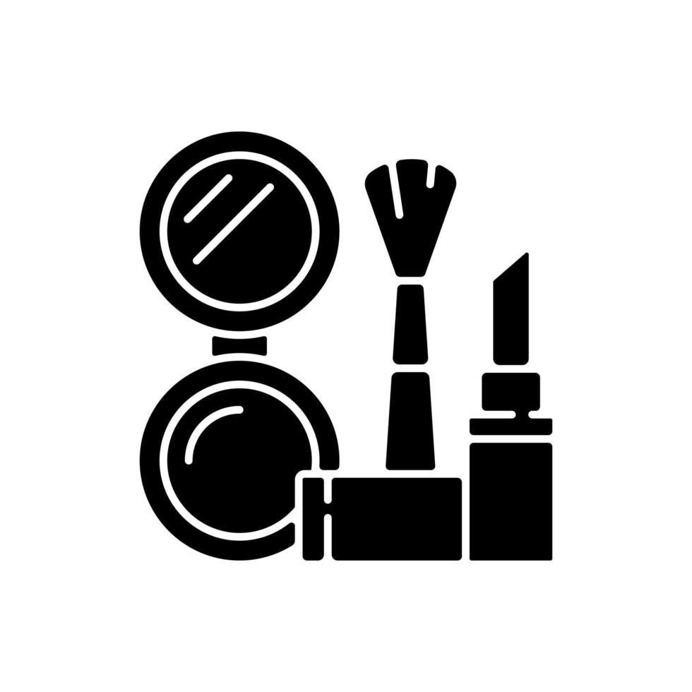 make-up zwarte glyph-pictogram. Cosmetische producten. vrouwelijke huidverzorging. lippenstift en poeder set. borstel voor vrouwen. dagelijkse routine en levensstijl. silhouet symbool op witte ruimte. vector geïsoleerde illustratie