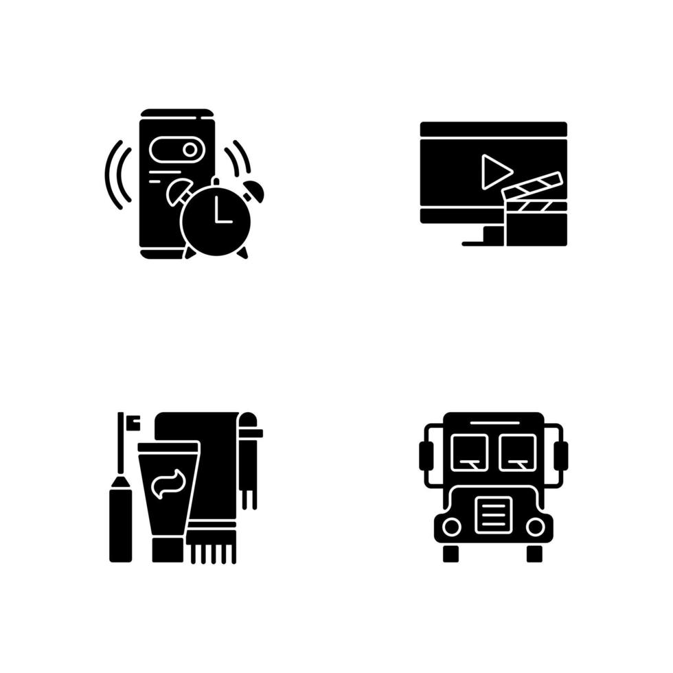 student dagelijkse routine zwarte glyph pictogrammen ingesteld op witruimte. wekker voor de ochtend. dagelijkse planning. schoolbus. tanden poetsen. silhouet symbolen. vector geïsoleerde illustratie