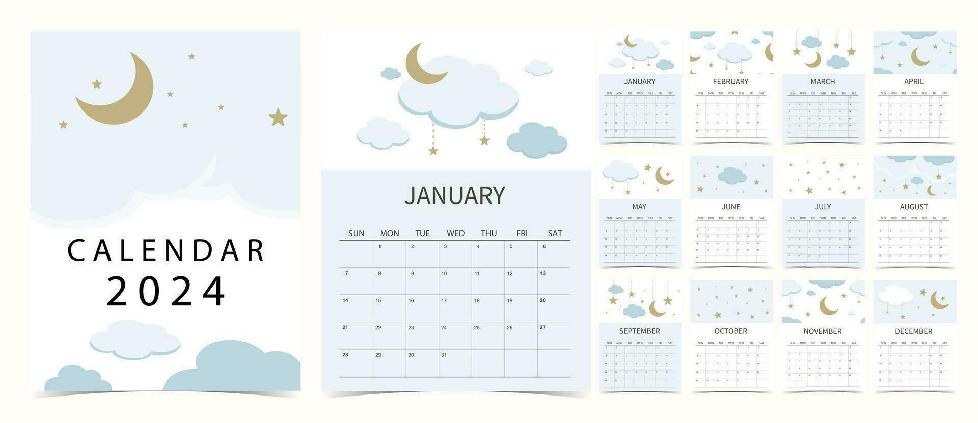 2024 tafel kalender week begin Aan zondag met maan dat gebruik voor verticaal digitaal en afdrukbare a4 a5 grootte vector