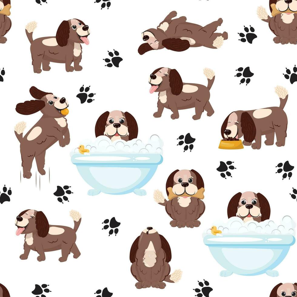 hond naadloos patroon met een spaniel en poot prints Aan wit achtergrond vector