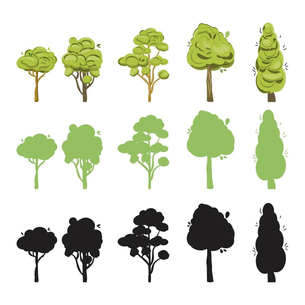 groen bomen in verschillend vorm en de silhouet in groen en zwart. voor ieder project ontwerp. vector tekenfilm illustratie.