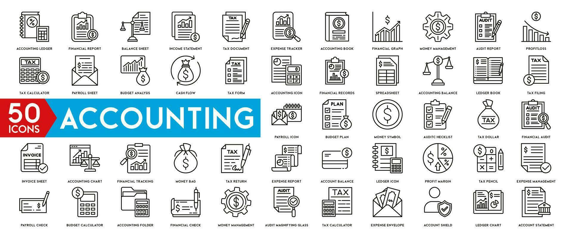 accounting icoon set. met financieel uitspraak, accountant, financieel controle, factuur, belasting rekenmachine, bedrijf stevig, belasting opbrengst, inkomen en balans vel pictogrammen. vector