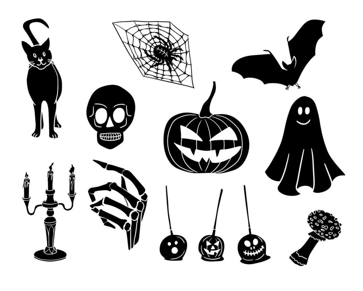 eng vlak silhouet halloween items voor partij decoratie. griezelig tekening zwart voorwerpen Aan wit achtergrond. minimalistisch vakantie ontwerp voor stickers, decoratie, afdrukken, sociaal media grafiek vector