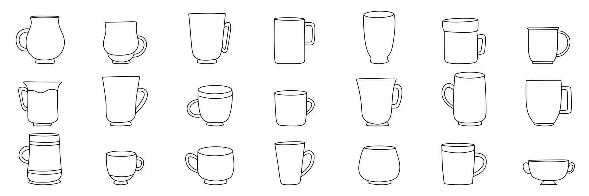 groot reeks van cups in tekening stijl. hand- getrokken kop mok schets. verzameling van mok pictogrammen set. vector illustratie.