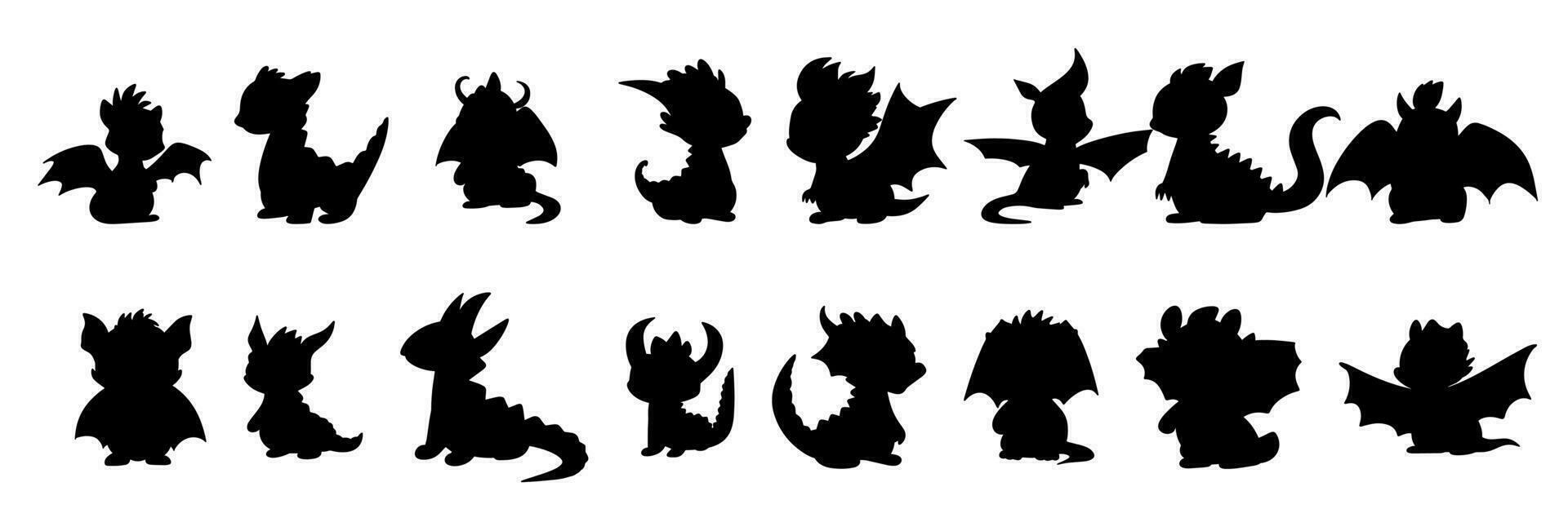 reeks van schattig draken silhouet. hand- getrokken silhouet van baby draken. groot verzameling van weinig draak silhouet. vector illustratie