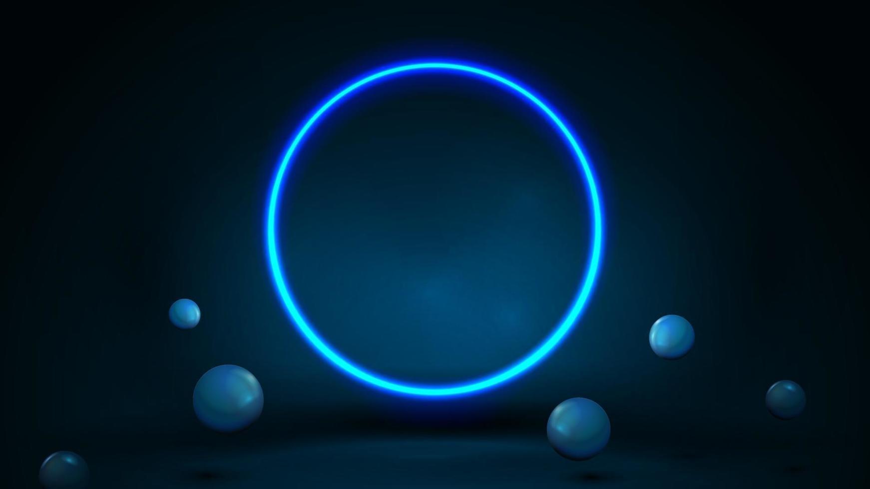 blauwe scène met realistische stuiterende bollen en neonring. vector