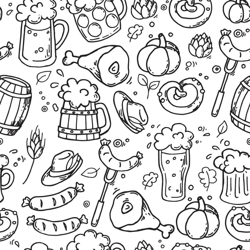 vector naadloos patroon in tekening stijl Aan de oktoberfeest thema. schattig gemakkelijk tekeningen met bier, worstjes, bier festival in oktober