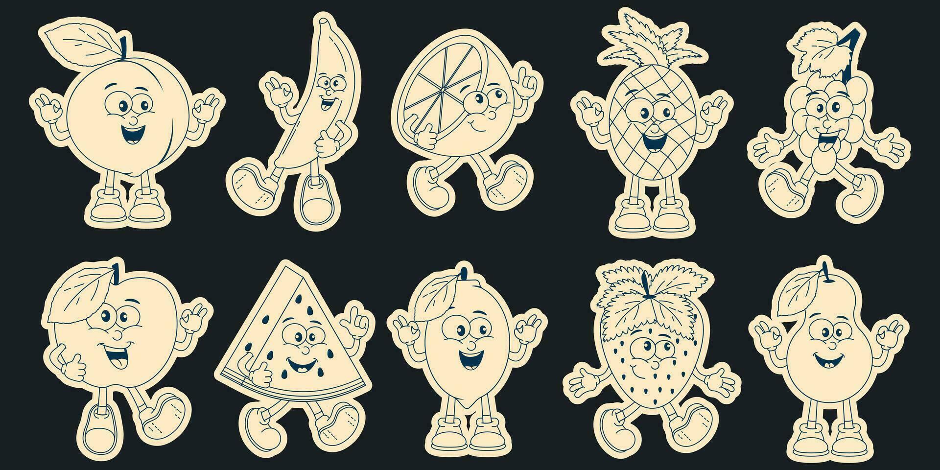 stickers van fruit tekens in retro tekenfilm stijl. monochroom ontwerp.vector illustratie van jaren 70. vector