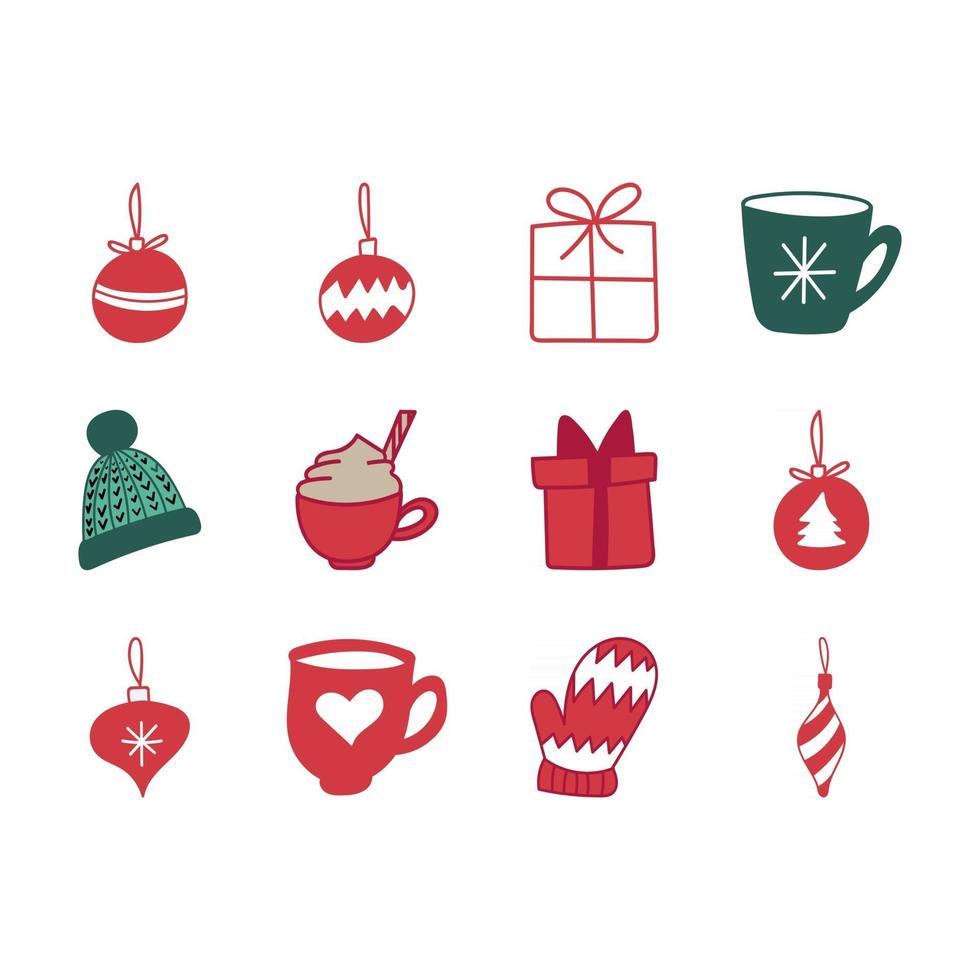 set van handgetekende kerst platte vector iconen