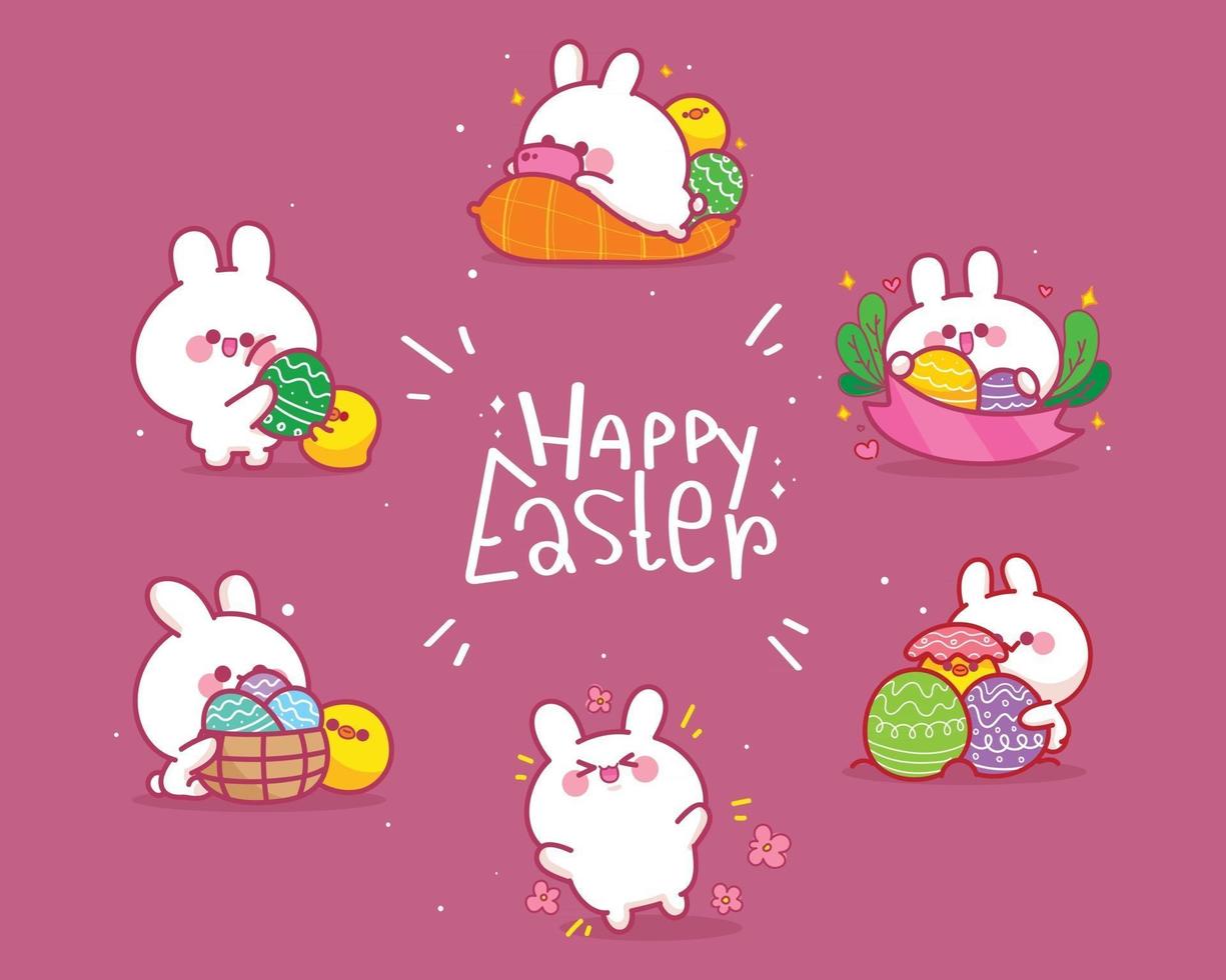 happy easter set van vieren konijn met eend cartoon afbeelding vector