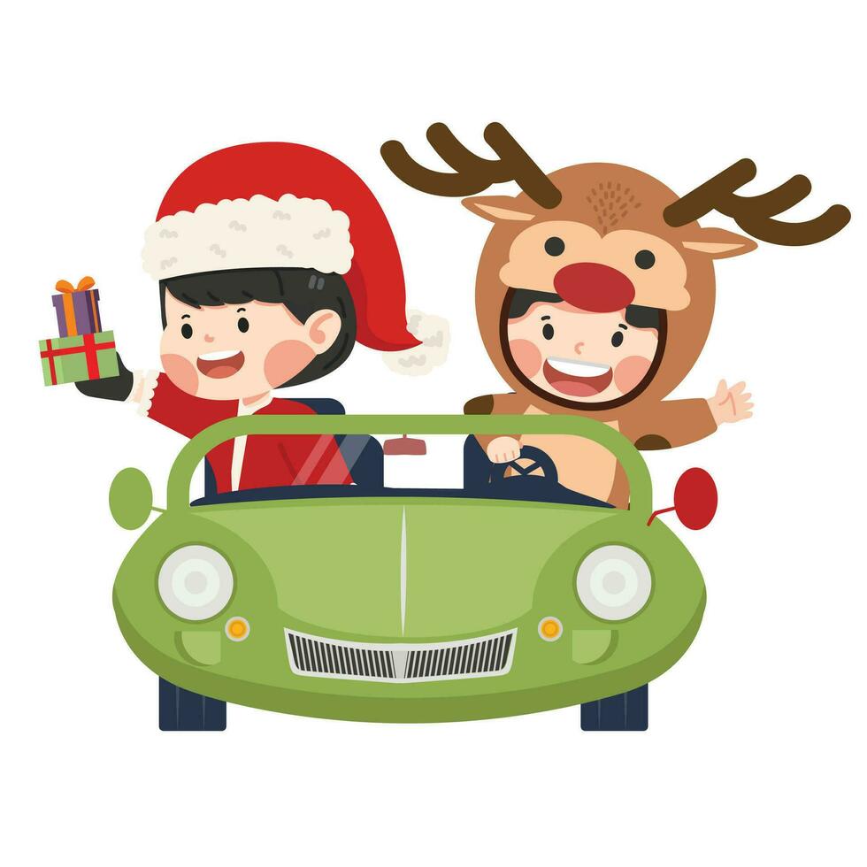 kind meisje in de kerstman claus en rendier met auto vector