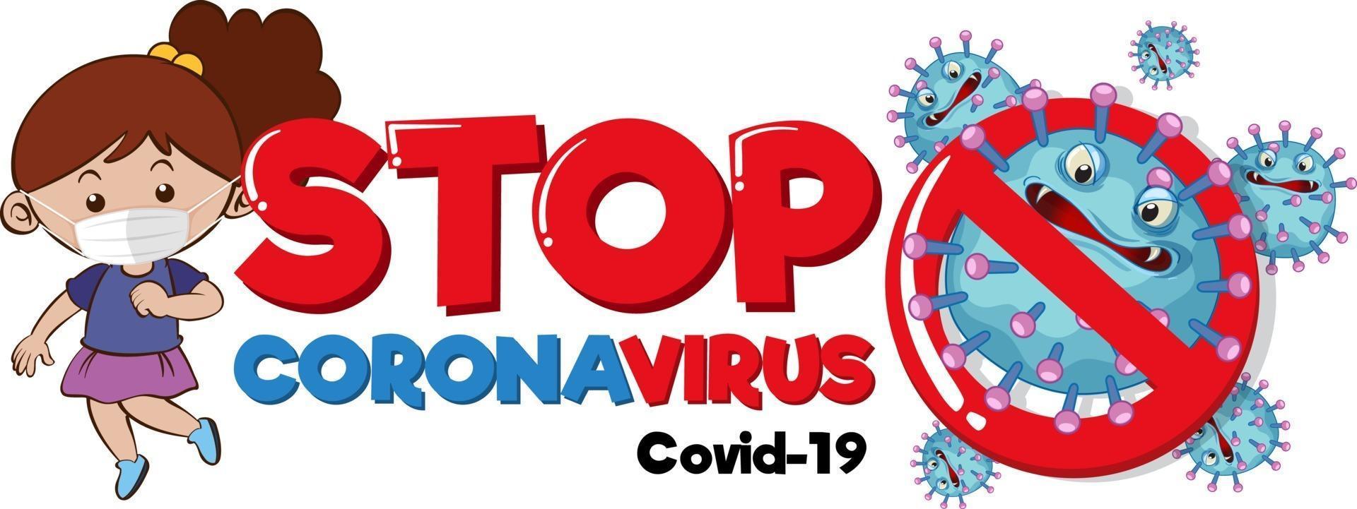 stop het lettertypeontwerp van het coronavirus met een meisje met een medisch masker op een witte achtergrond vector