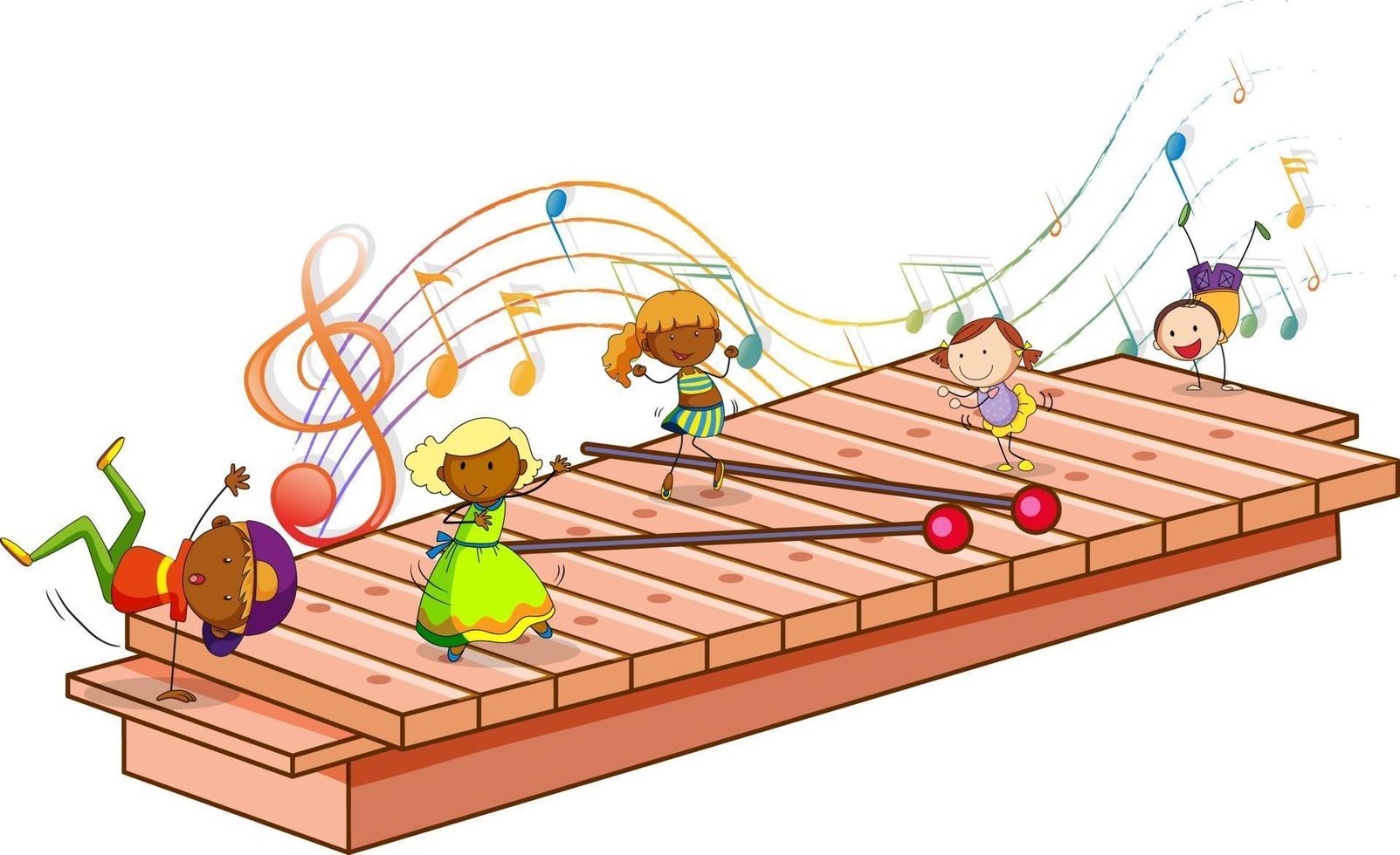 xylofoon met veel gelukkige kinderen en melodiesymbolen geïsoleerd vector