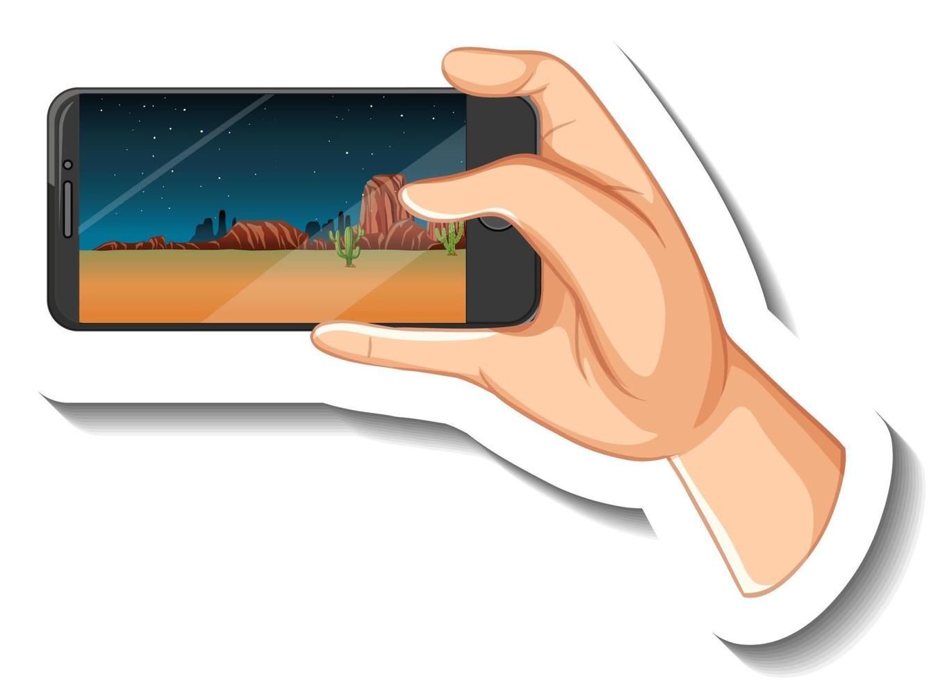 een stickersjabloon met een hand die een smartphone vasthoudt vector