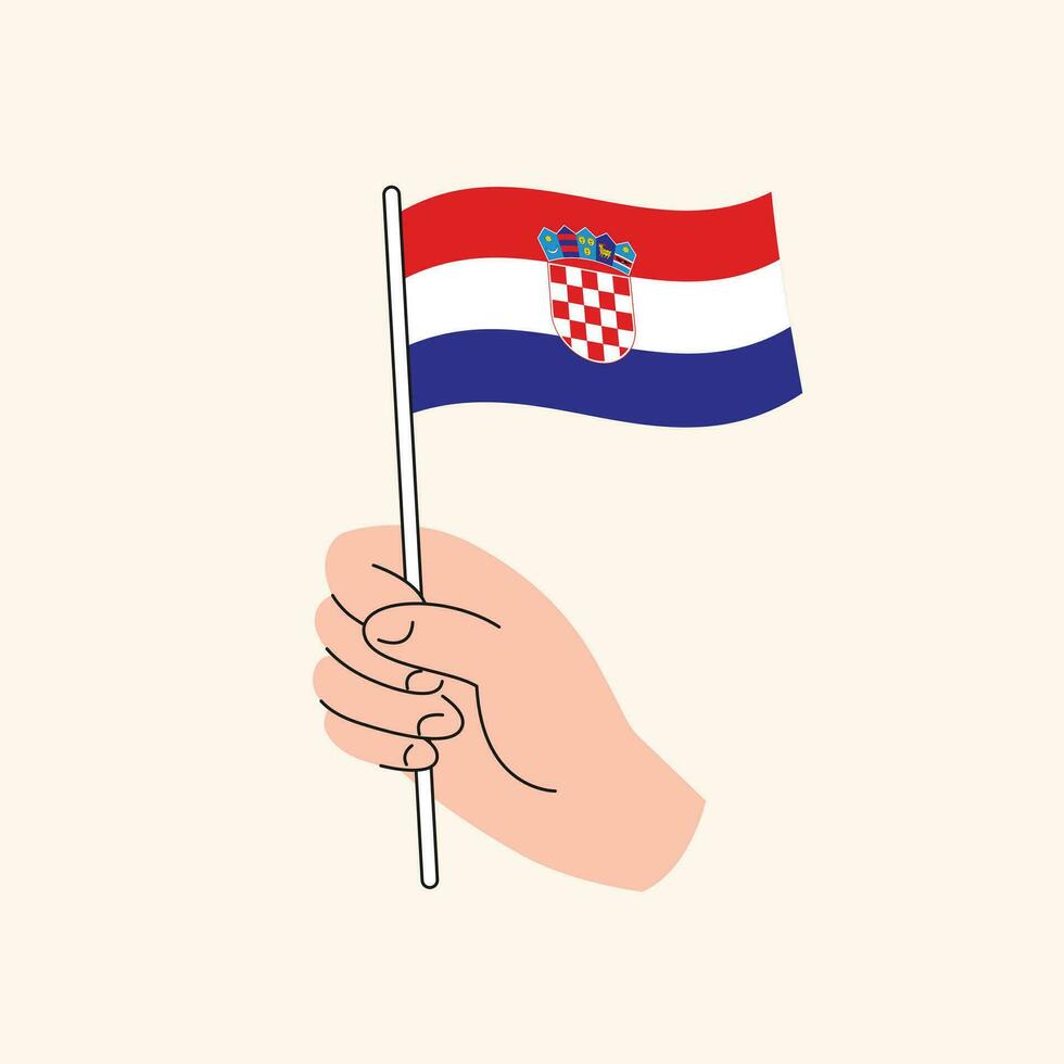 tekenfilm hand- Holding Kroatisch vlag, geïsoleerd vector tekening.