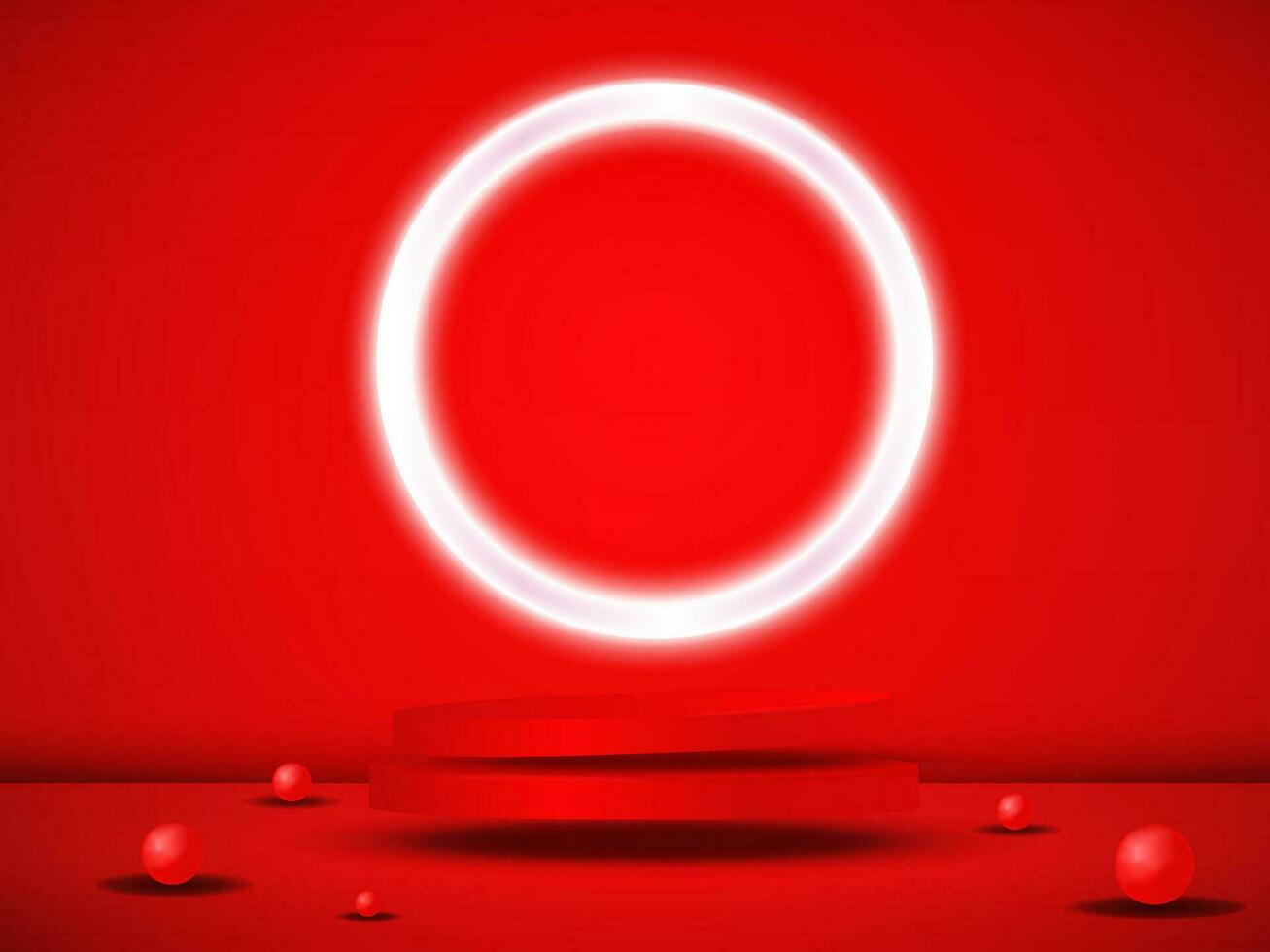 een leeg rood podium drijft in de lucht met een neon ring in de achtergrond. vector
