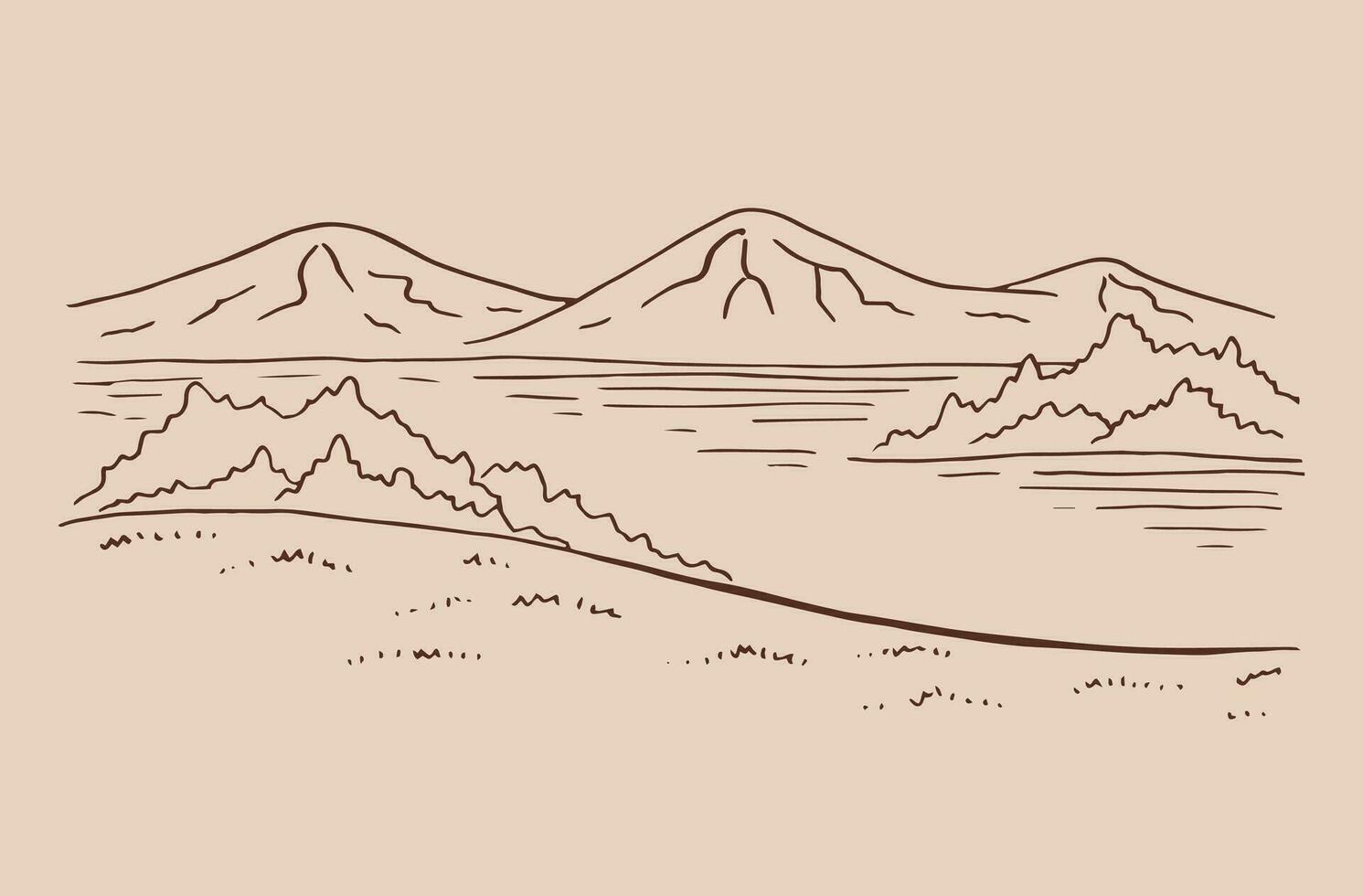 landschap met meer en bergen. hand- getrokken illustratie bekeerd naar vector. vector