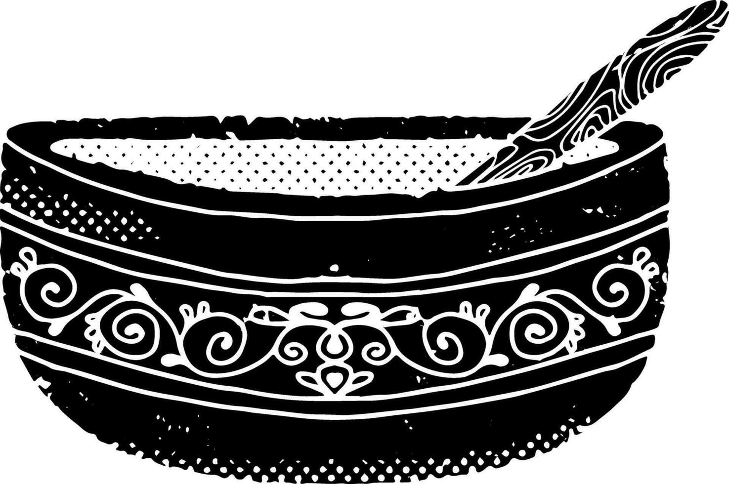 een zwart en wit illustratie van een kom met een lepel vector