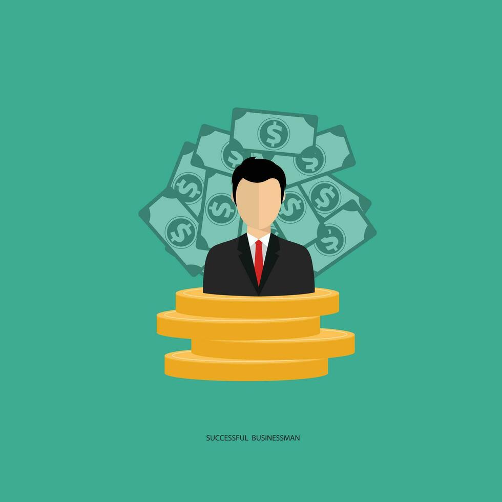geslaagd zakenman icoon. zakenman staand Aan top van reusachtig munten, met papier geld achter hem. vlak vector illustratie.
