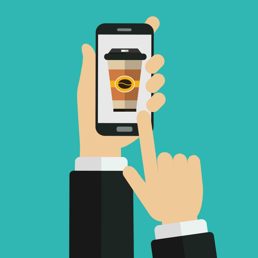 hand- Holding smartphone met beschikbaar koffie kop Aan de scherm. bestellen voedsel en drinken concept. vlak vector illustratie