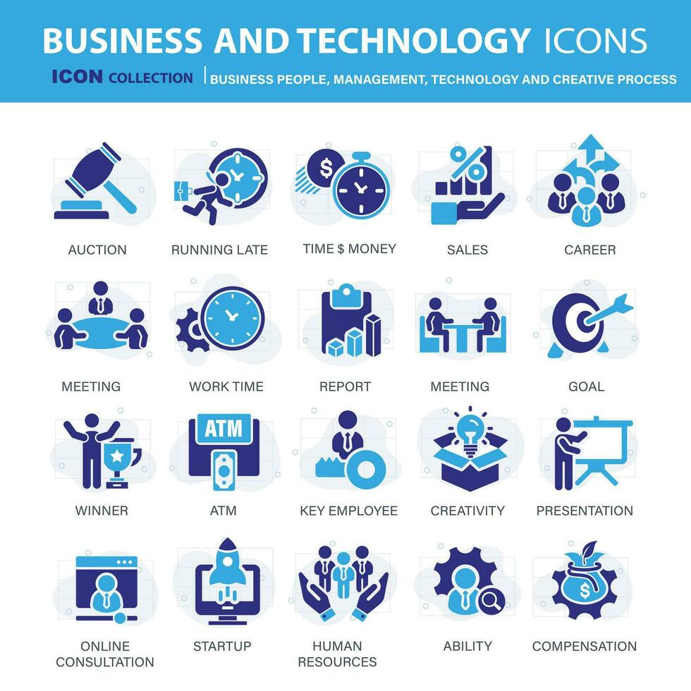 bedrijf, gegevens analyse, organisatie beheer en technologie icoon set. bedrijf mensen, beheer, technologie, creatief werkwijze icoon set. pictogrammen vector verzameling