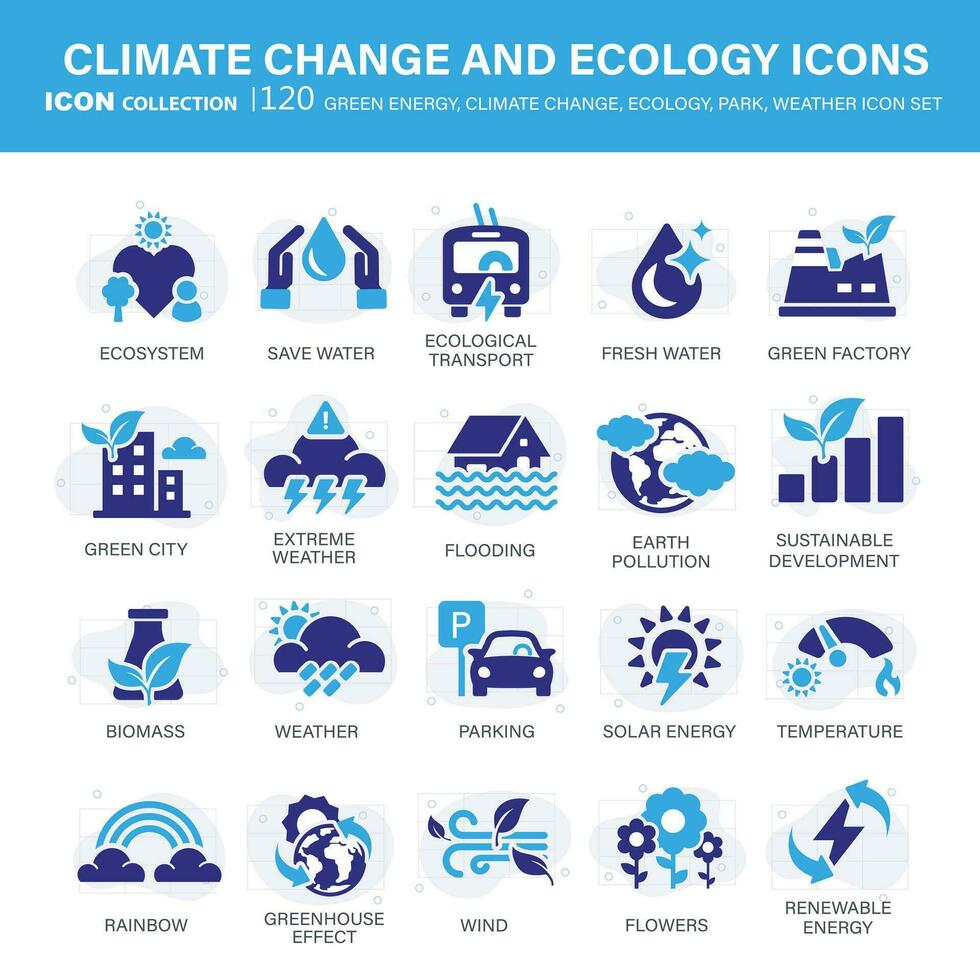 klimaat Wijzigen, ecologie, groen energie, park en weer icoon set. met globaal opwarming, hernieuwbaar energie, serre, smelten ijs, aarde vervuiling, buitenshuis werkzaamheid. vlak vector illustratie