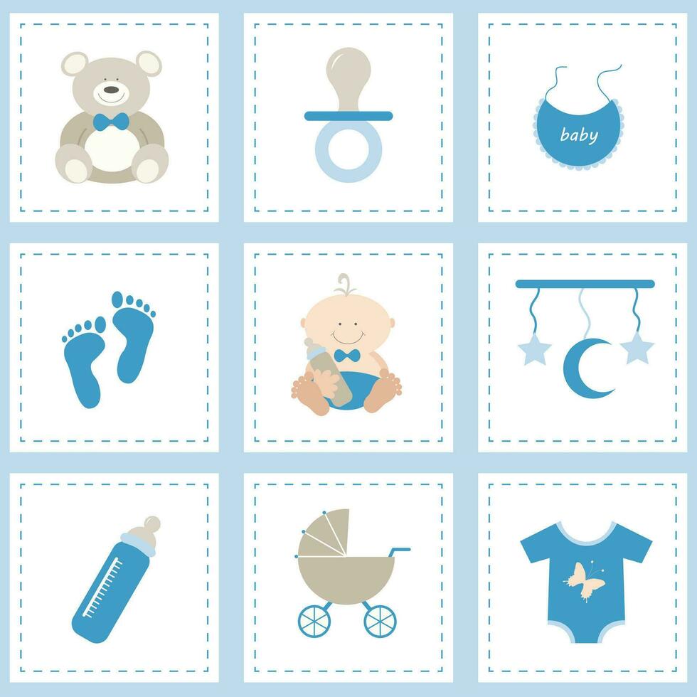 baby douche pictogrammen set, jongen blauw. vlak vector ontwerp.