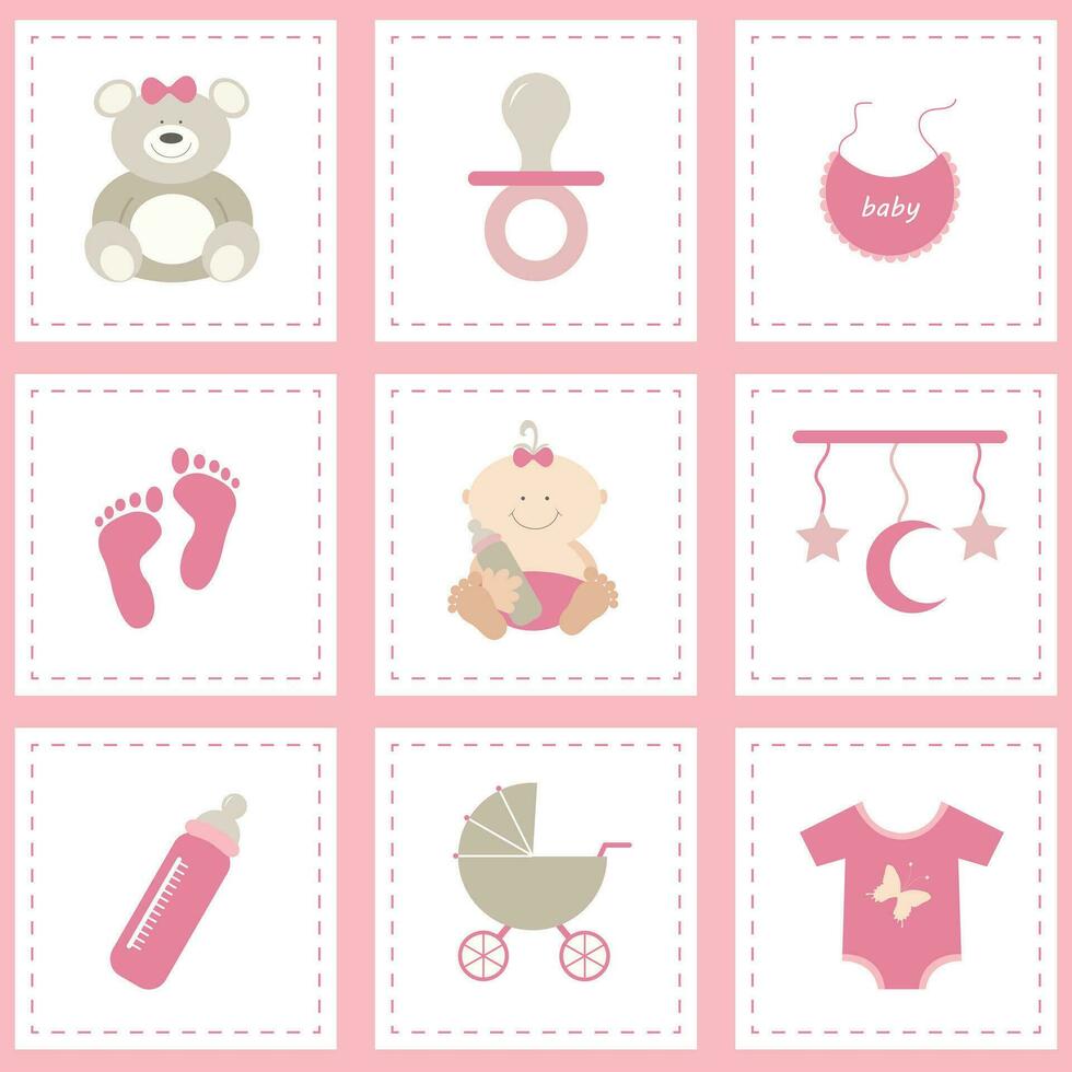 baby douche pictogrammen set, meisje roze. vlak vector ontwerp.