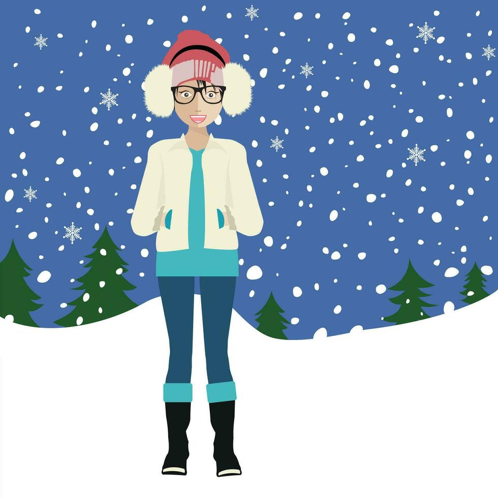 meisje staand in de sneeuw. sneeuwvlokken en bomen in de achtergrond. winter concept. vlak vector illustratie.