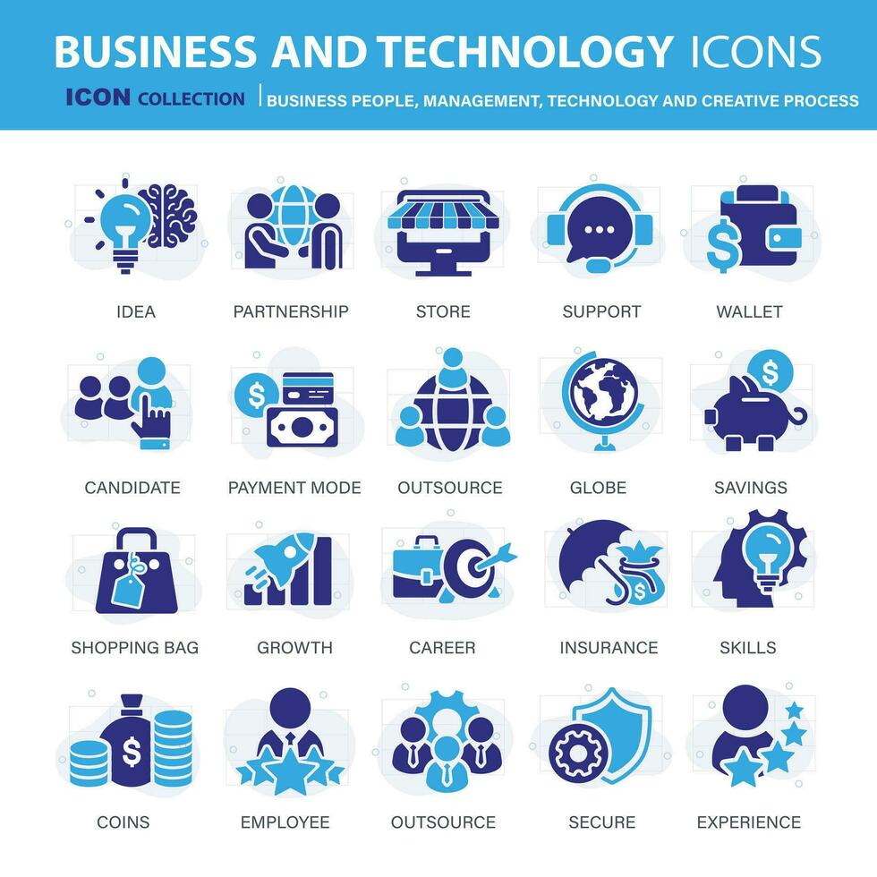 bedrijf, gegevens analyse, organisatie beheer en technologie icoon set. bedrijf mensen, beheer, technologie, creatief werkwijze icoon set. pictogrammen vector verzameling