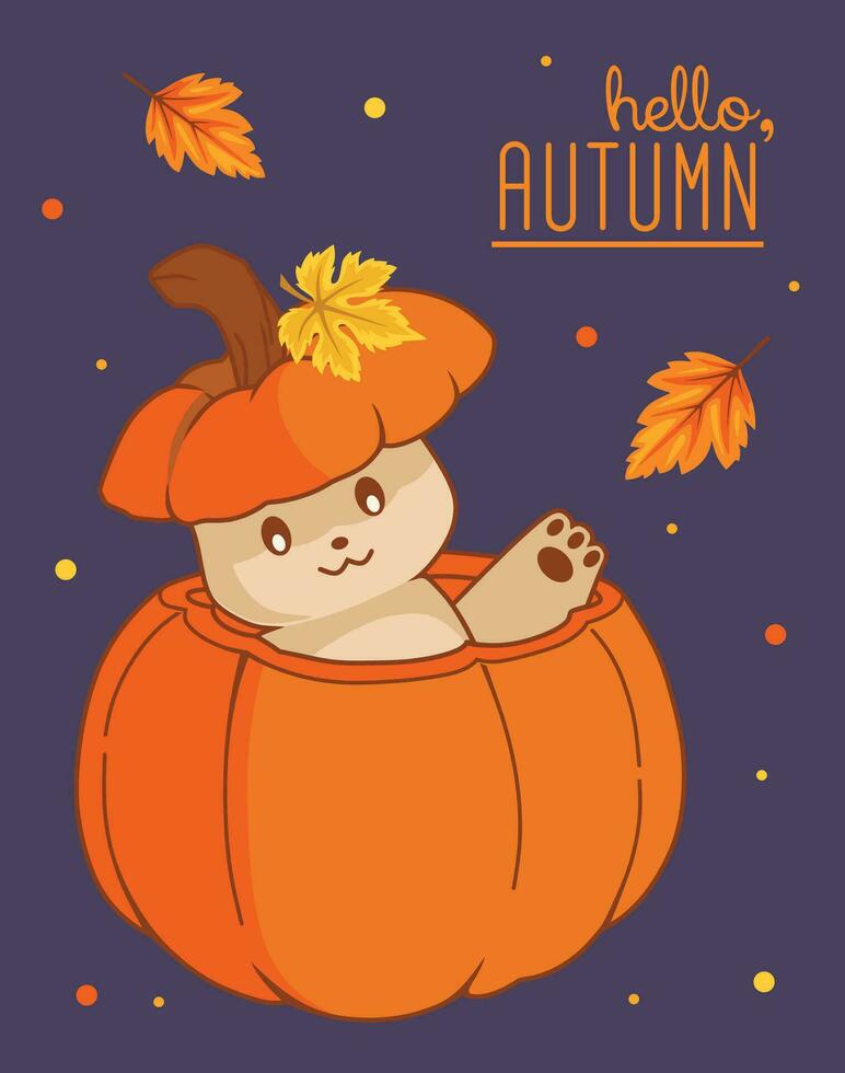 schattig katje op zoek van een pompoen en tonen een poot. helder herfst illustratie Aan donker blauw achtergrond. Hallo herfst ansichtkaart ontwerp vector