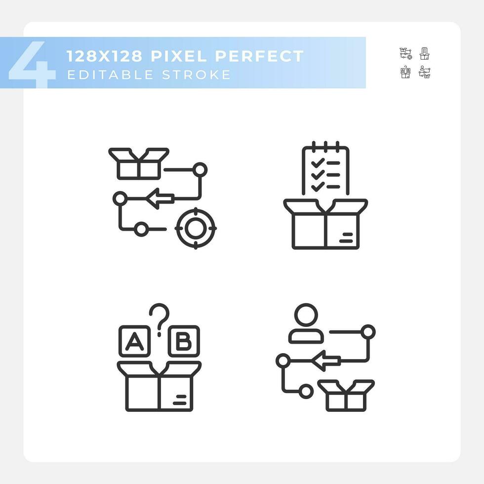 pixel perfect zwart pictogrammen reeks van Product beheer, bewerkbare dun lijn illustratie. vector