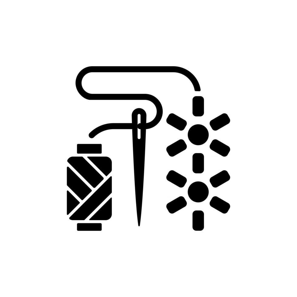 kralenwerk zwarte glyph-pictogram. kralen bevestigen met naald. stoffen decoratie. sieraden hobby. sier werk. kralen borduurwerk. silhouet symbool op witte ruimte. vector geïsoleerde illustratie