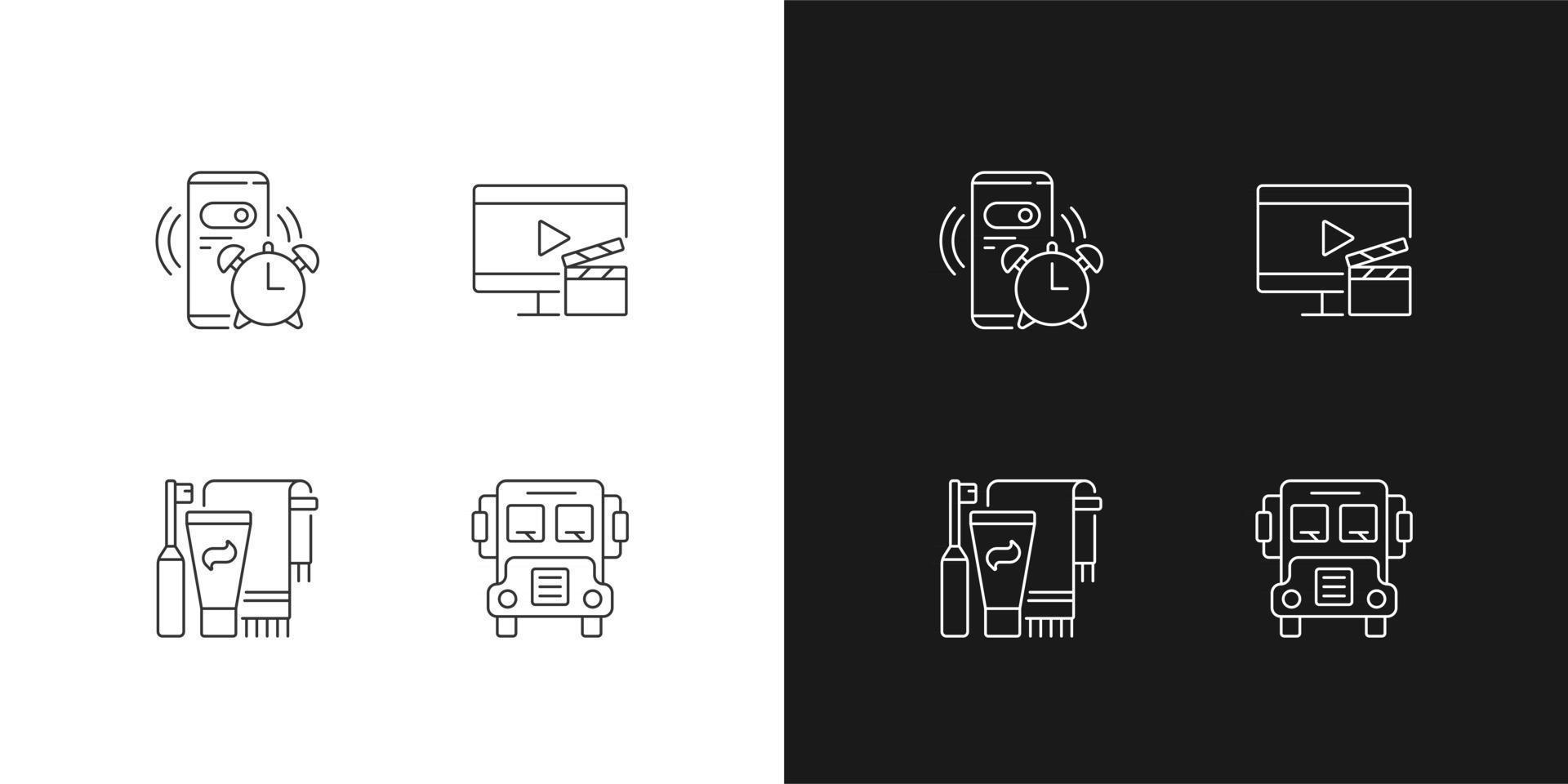 student alledaagse routine lineaire pictogrammen ingesteld voor donkere en lichte modus. wekker voor de ochtend. dagelijkse planning. aanpasbare dunne lijn symbolen. geïsoleerde vectoroverzichtsillustraties. bewerkbare streek vector