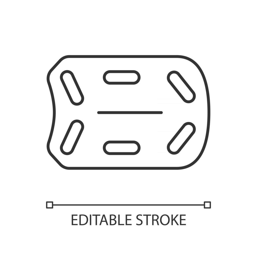 reddingsbord lineaire pictogram. reddingsoperaties op het water. drijvend apparaat. ondersteunen van het gewicht van het slachtoffer. dunne lijn aanpasbare illustratie. contour symbool. vector geïsoleerde overzichtstekening. bewerkbare streek