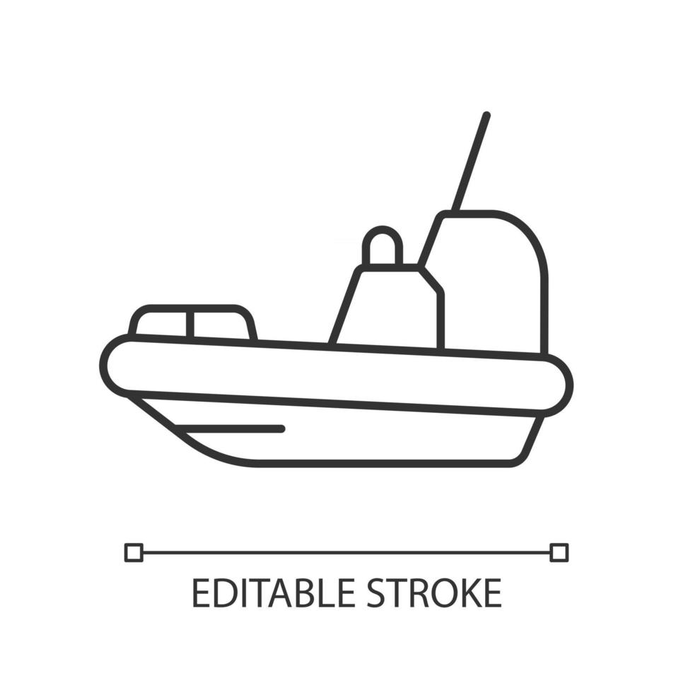 reddingsboot lineaire pictogram. reddingsboot voor het redden van slachtoffers. overlevingsvaartuig. levensreddende werken. dunne lijn aanpasbare illustratie. contour symbool. vector geïsoleerde overzichtstekening. bewerkbare streek