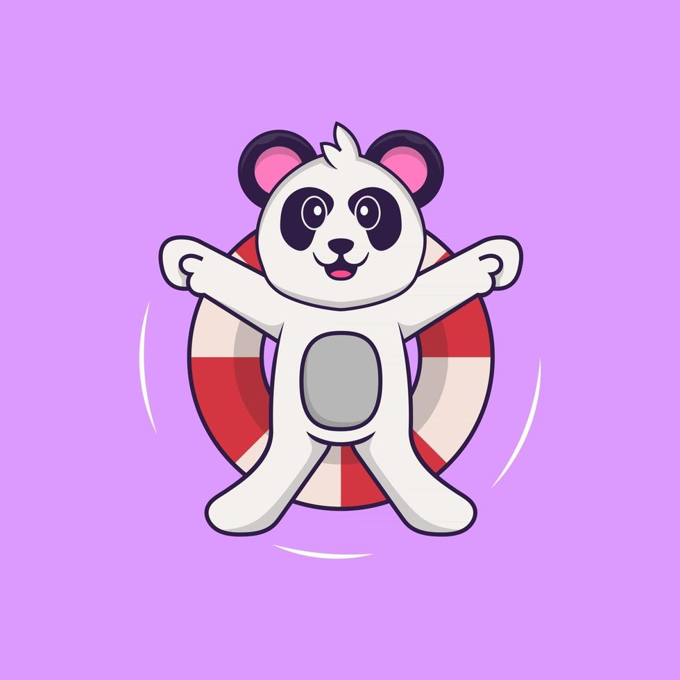 schattige panda zwemt met een boei. dierlijk beeldverhaalconcept geïsoleerd. kan worden gebruikt voor t-shirt, wenskaart, uitnodigingskaart of mascotte. platte cartoonstijl vector