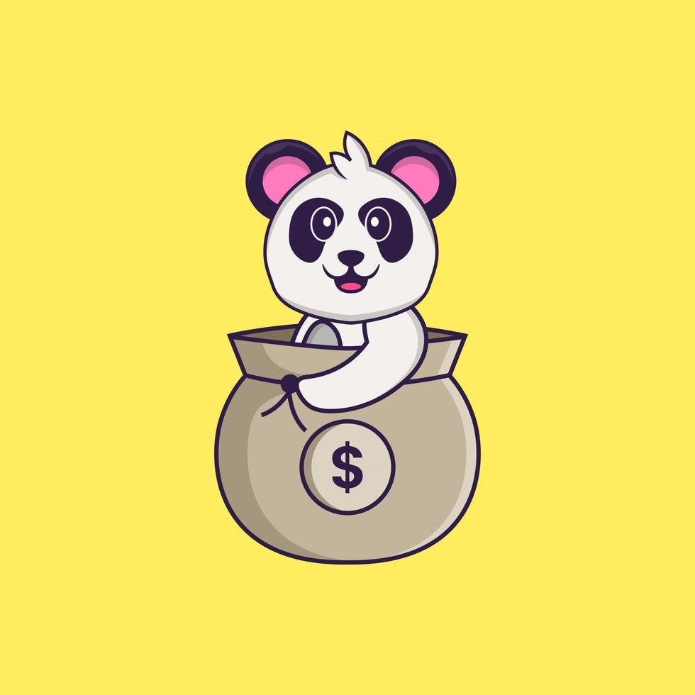 schattige panda in een geldzak. dierlijk beeldverhaalconcept geïsoleerd. kan worden gebruikt voor t-shirt, wenskaart, uitnodigingskaart of mascotte. platte cartoonstijl vector