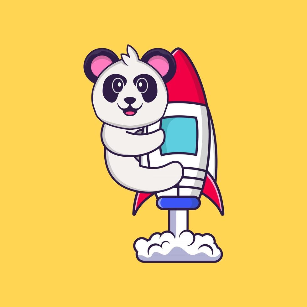 schattige panda die op raket vliegt. dierlijk beeldverhaalconcept geïsoleerd. kan worden gebruikt voor t-shirt, wenskaart, uitnodigingskaart of mascotte. platte cartoonstijl vector