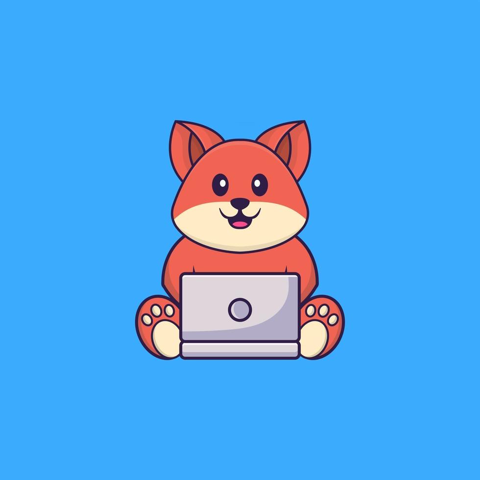 schattige vos met behulp van laptop. dierlijk beeldverhaalconcept geïsoleerd. kan worden gebruikt voor t-shirt, wenskaart, uitnodigingskaart of mascotte. platte cartoonstijl vector