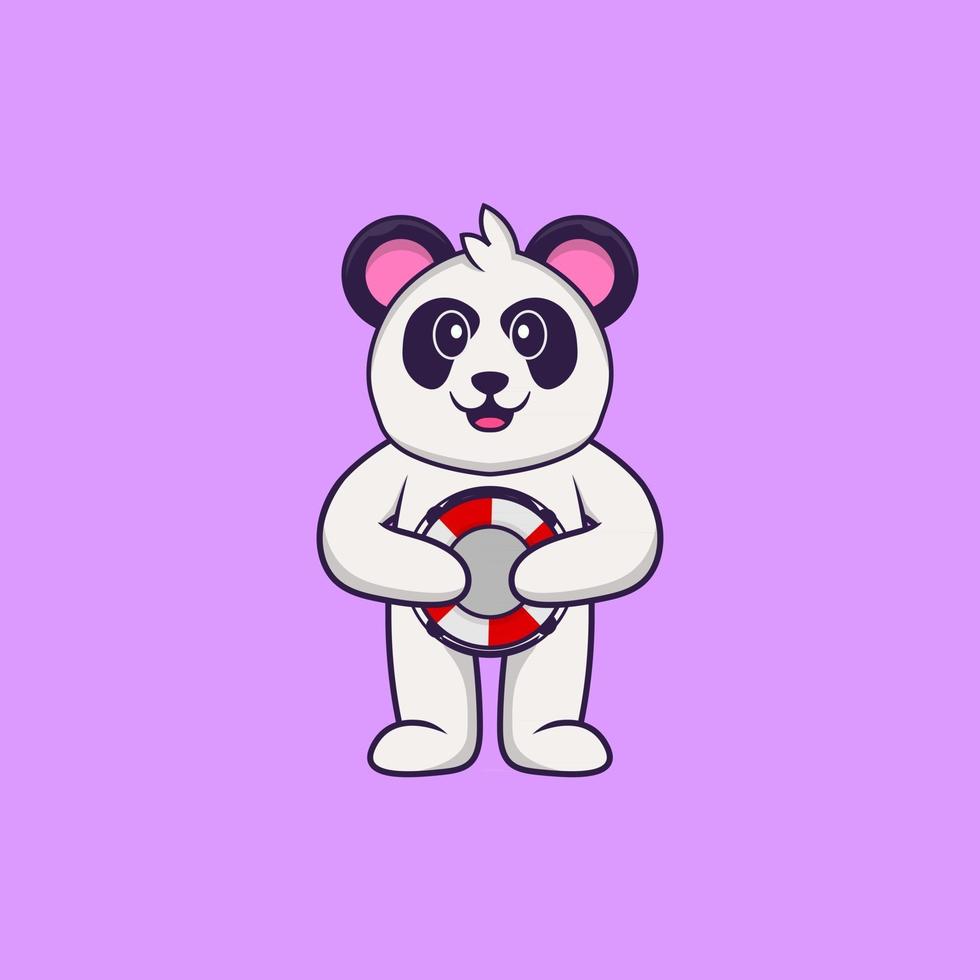 schattige panda die een boei vasthoudt. dierlijk beeldverhaalconcept geïsoleerd. kan worden gebruikt voor t-shirt, wenskaart, uitnodigingskaart of mascotte. platte cartoonstijl vector