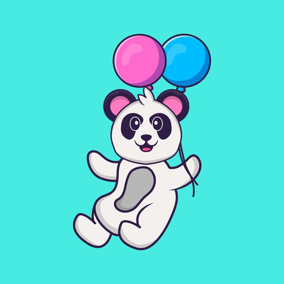 schattige panda die met twee ballonnen vliegt. dierlijk beeldverhaalconcept geïsoleerd. kan worden gebruikt voor t-shirt, wenskaart, uitnodigingskaart of mascotte. platte cartoonstijl vector