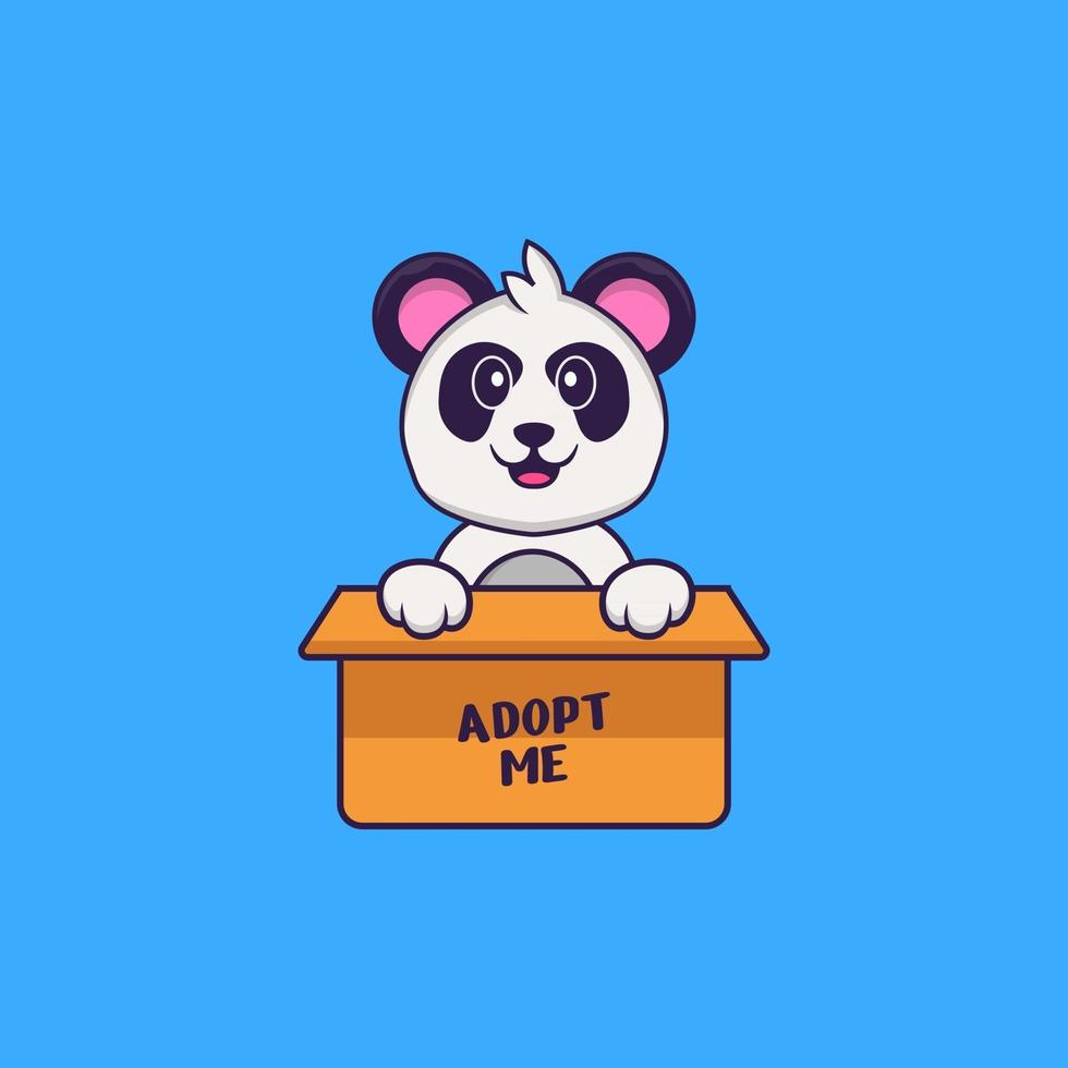 schattige panda in doos met een poster adopteer me. dierlijk beeldverhaalconcept geïsoleerd. kan worden gebruikt voor t-shirt, wenskaart, uitnodigingskaart of mascotte. platte cartoonstijl vector