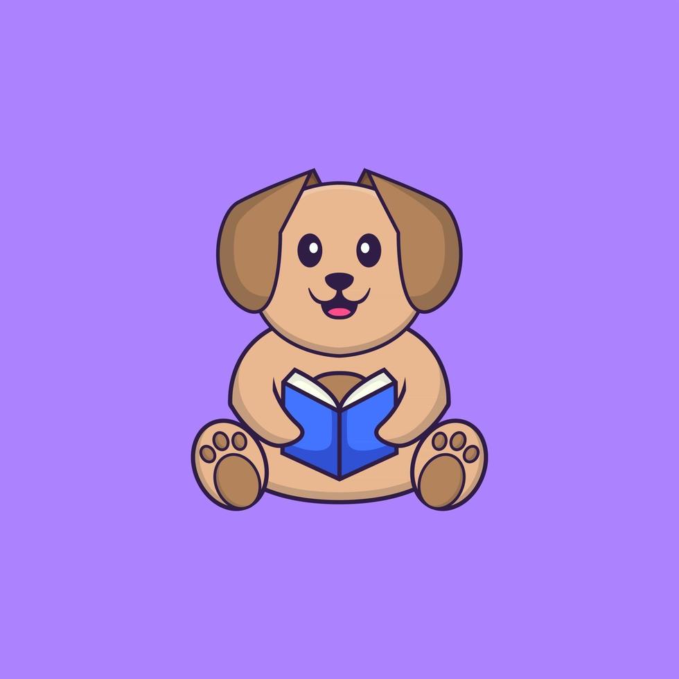 schattige hond die een boek leest. dierlijk beeldverhaalconcept geïsoleerd. kan worden gebruikt voor t-shirt, wenskaart, uitnodigingskaart of mascotte. platte cartoonstijl vector