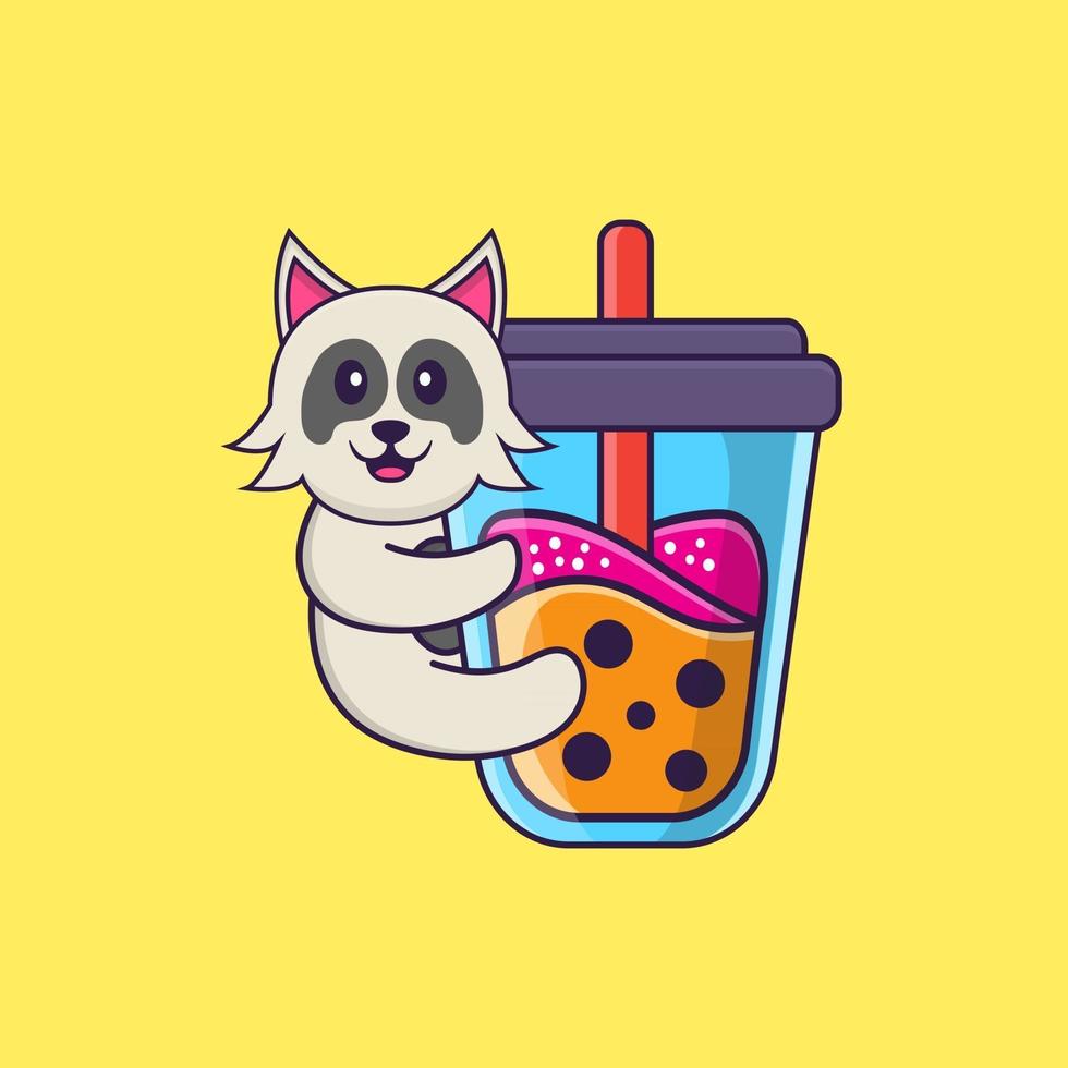 schattige hond die boba-melkthee drinkt. dierlijk beeldverhaalconcept geïsoleerd. kan worden gebruikt voor t-shirt, wenskaart, uitnodigingskaart of mascotte. platte cartoonstijl vector