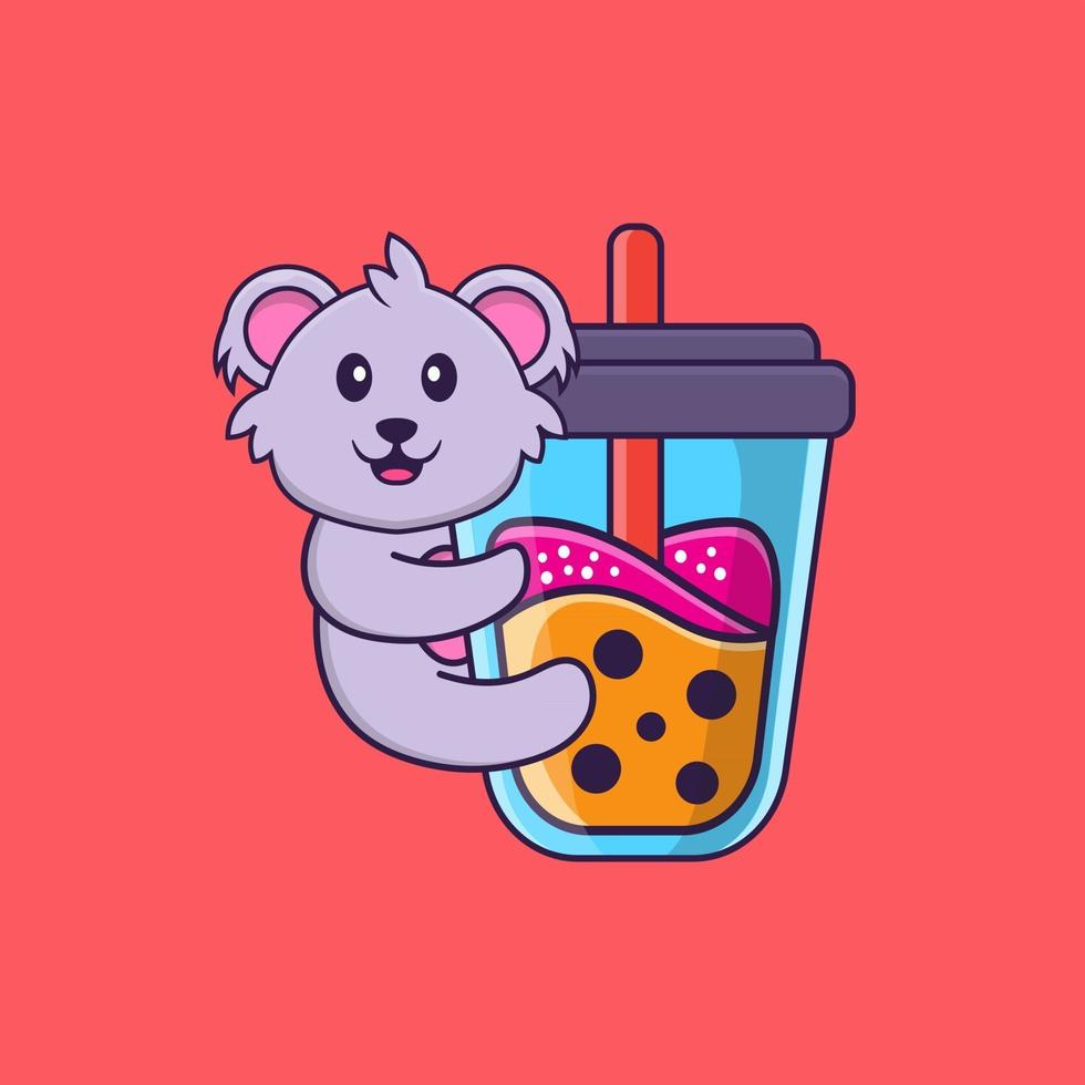 schattige koala die boba-melkthee drinkt. dierlijk beeldverhaalconcept geïsoleerd. kan worden gebruikt voor t-shirt, wenskaart, uitnodigingskaart of mascotte. platte cartoonstijl vector