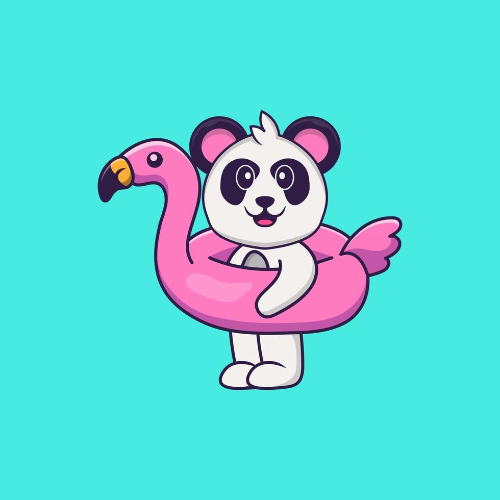 schattige panda met flamingoboei. dierlijk beeldverhaalconcept geïsoleerd. kan worden gebruikt voor t-shirt, wenskaart, uitnodigingskaart of mascotte. platte cartoonstijl vector