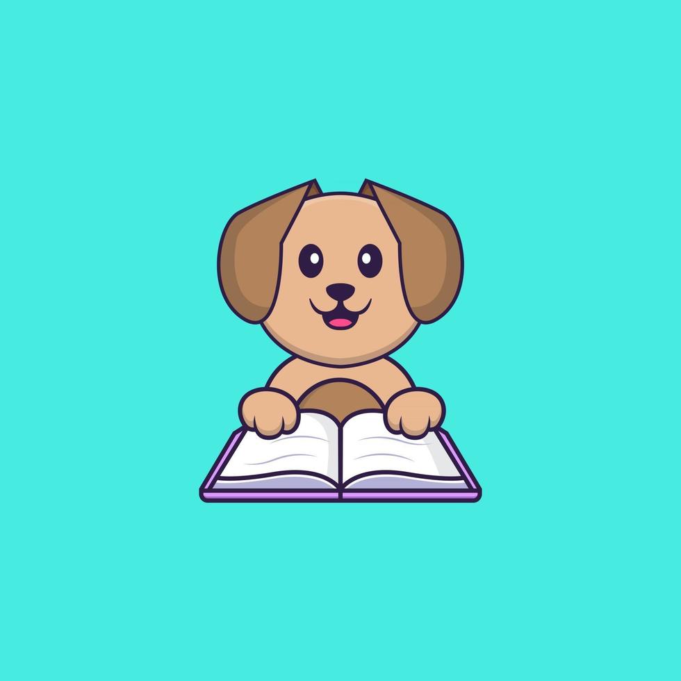 schattige hond die een boek leest. dierlijk beeldverhaalconcept geïsoleerd. kan worden gebruikt voor t-shirt, wenskaart, uitnodigingskaart of mascotte. platte cartoonstijl vector