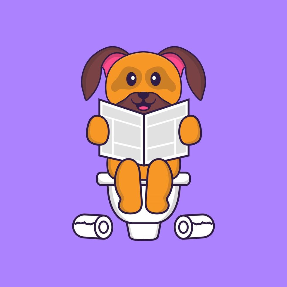 schattige hond poept op het toilet en leest de krant. dierlijk beeldverhaalconcept geïsoleerd. kan worden gebruikt voor t-shirt, wenskaart, uitnodigingskaart of mascotte. platte cartoonstijl vector