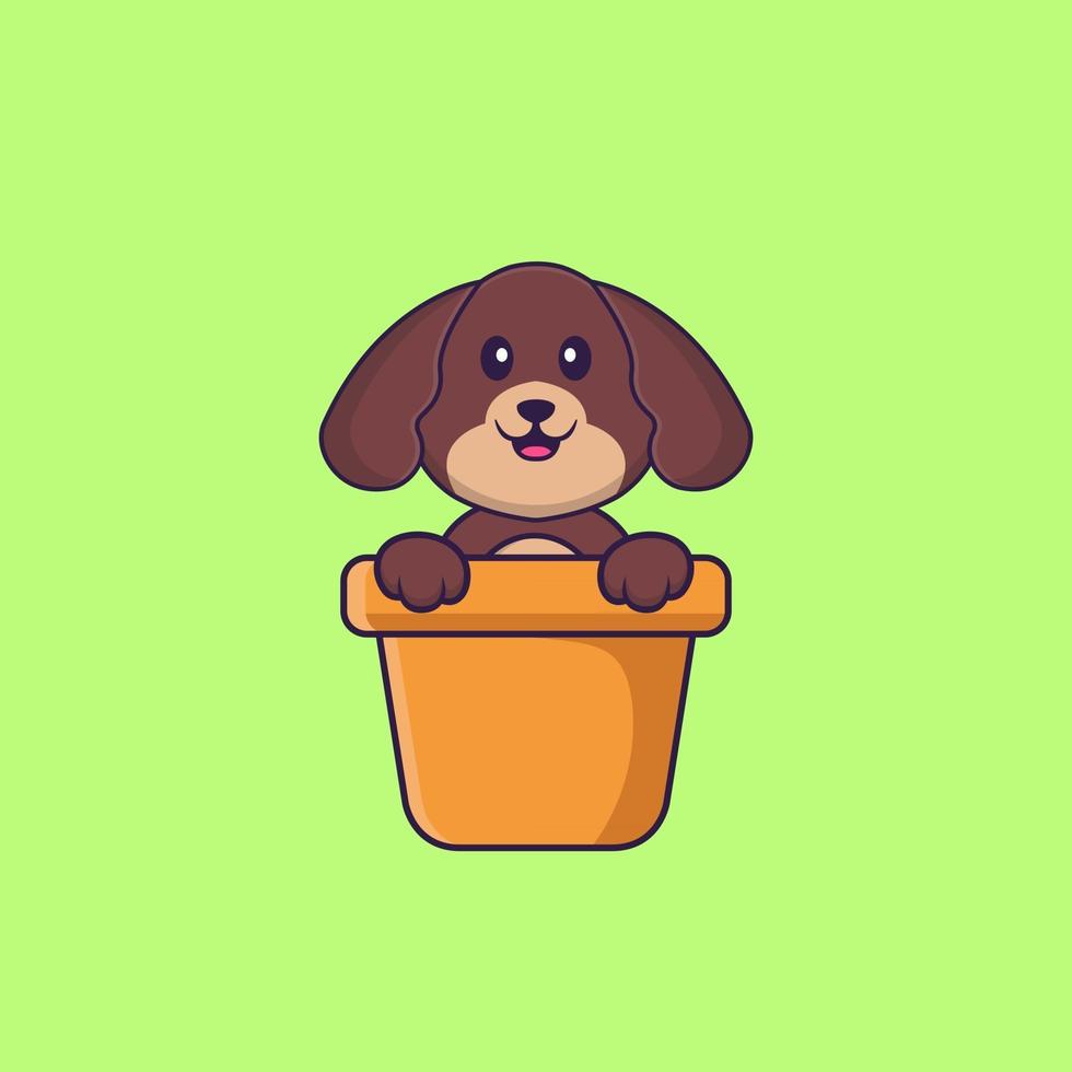 schattige hond in een bloemenvaas. dierlijk beeldverhaalconcept geïsoleerd. kan worden gebruikt voor t-shirt, wenskaart, uitnodigingskaart of mascotte. platte cartoonstijl vector